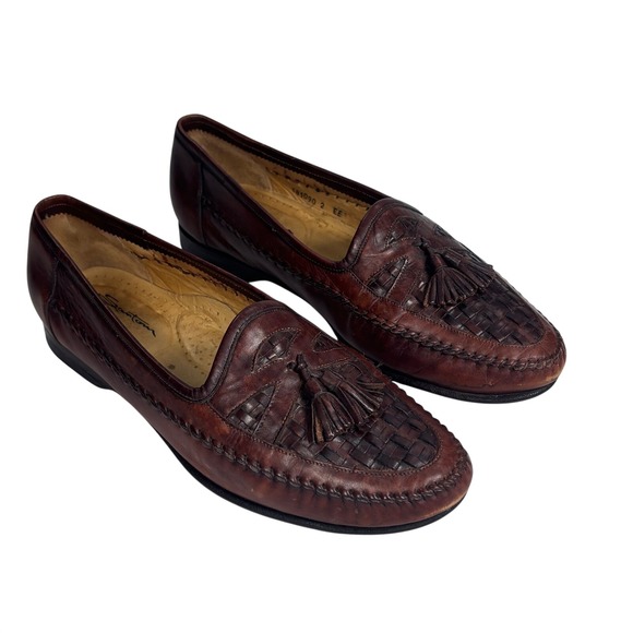Santoni Woven Tassel Loafers Mens 9.5 Brown Leather Fisherman Preppy Academia